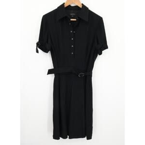 Tahari Dress Size 8 Black Belted Short Sleeve Button Front Collar Business